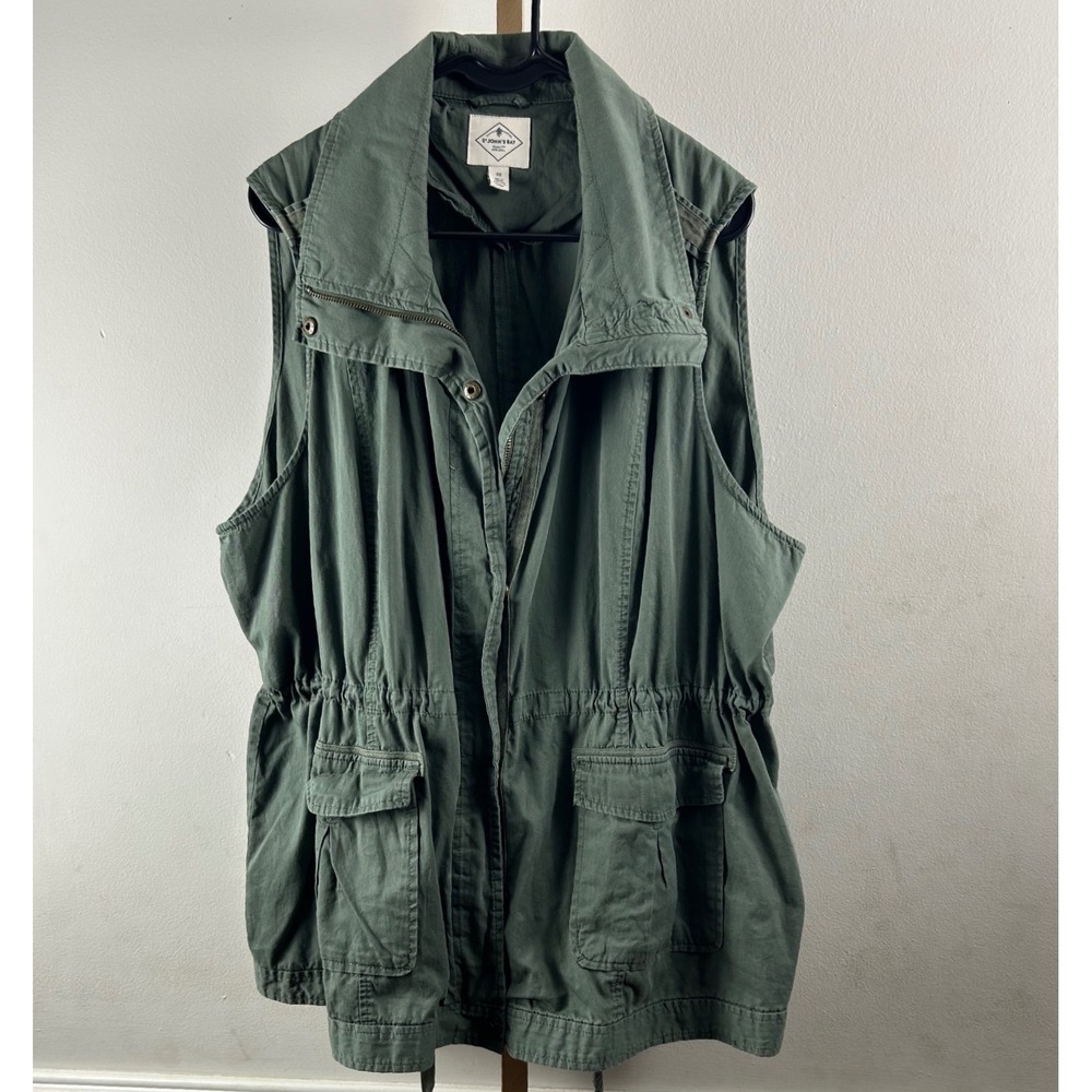 St Johns Bay Utility Vest Womens 3X Olive Drawstring Waist Cotton Outdoor cotton